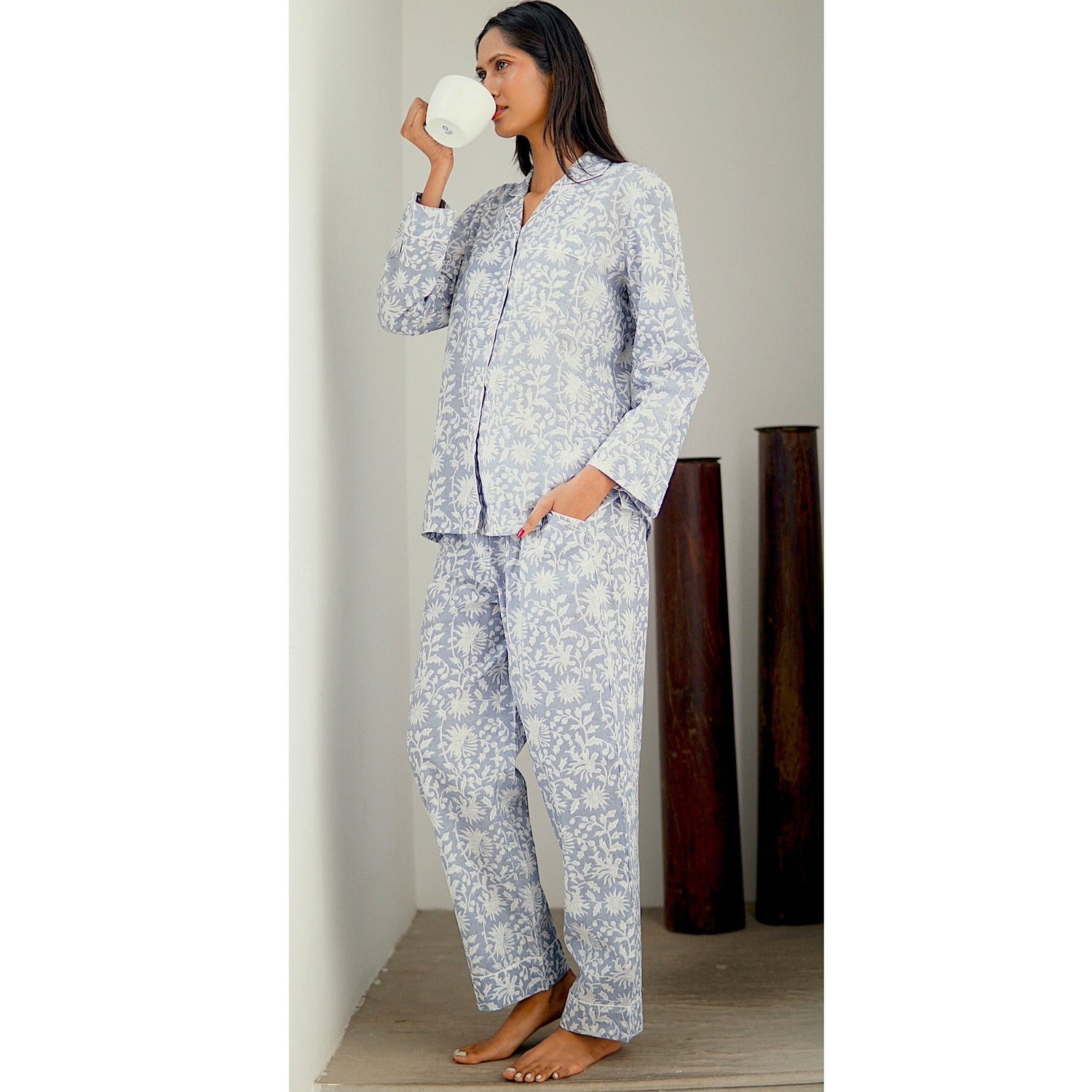 Pyjamas, handmade cotton pyjamas for women. silver grey and white cotton pyjamas, loungewear