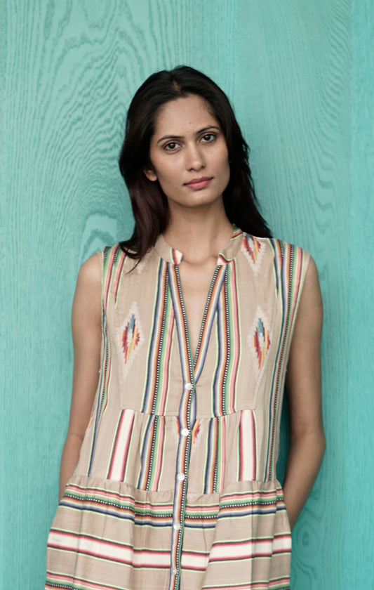Summer maxi dress, beige, green pink and white navaho print. Handloom summer Maxi dress