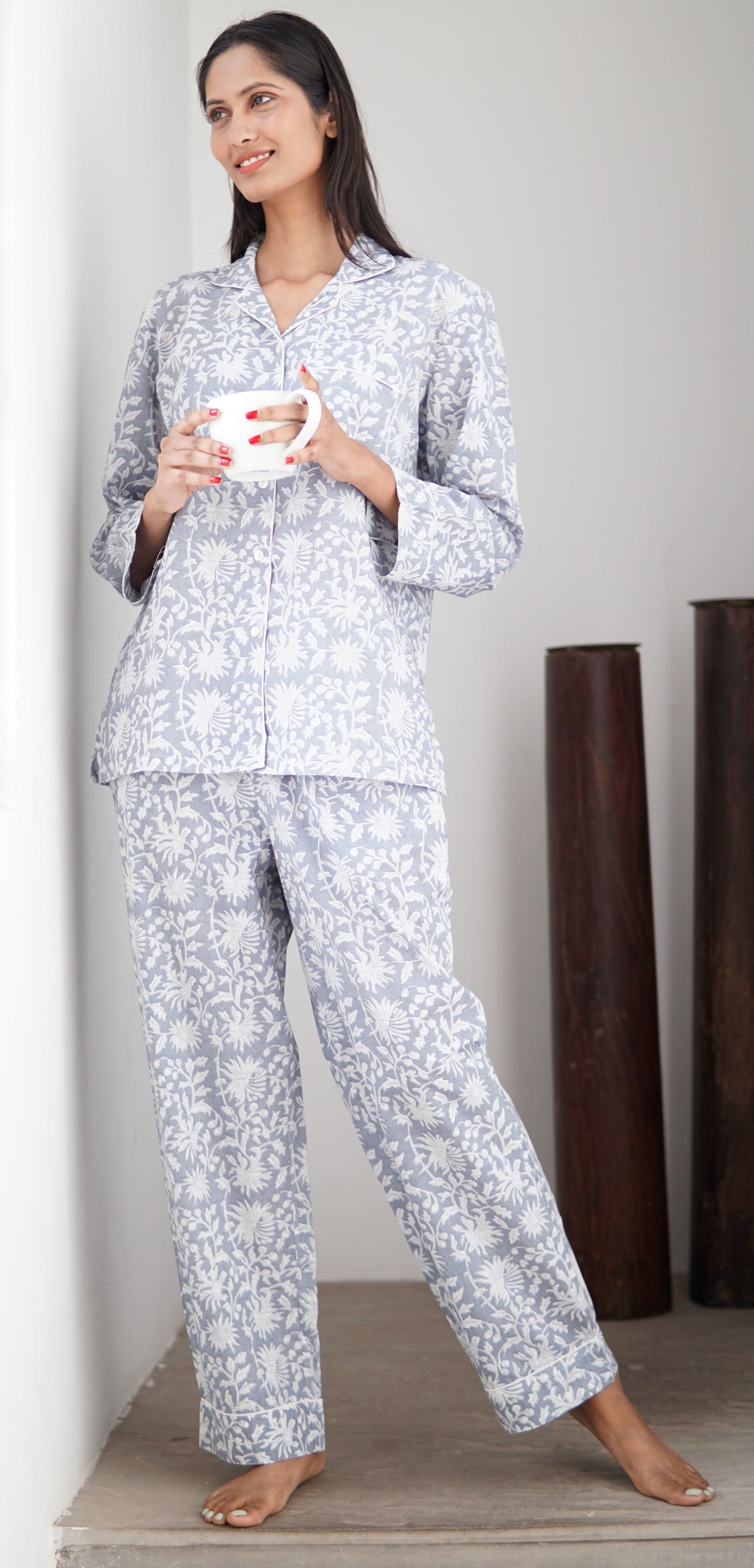 Pyjamas, handmade cotton pyjamas for women. silver grey and white cotton pyjamas, loungewear
