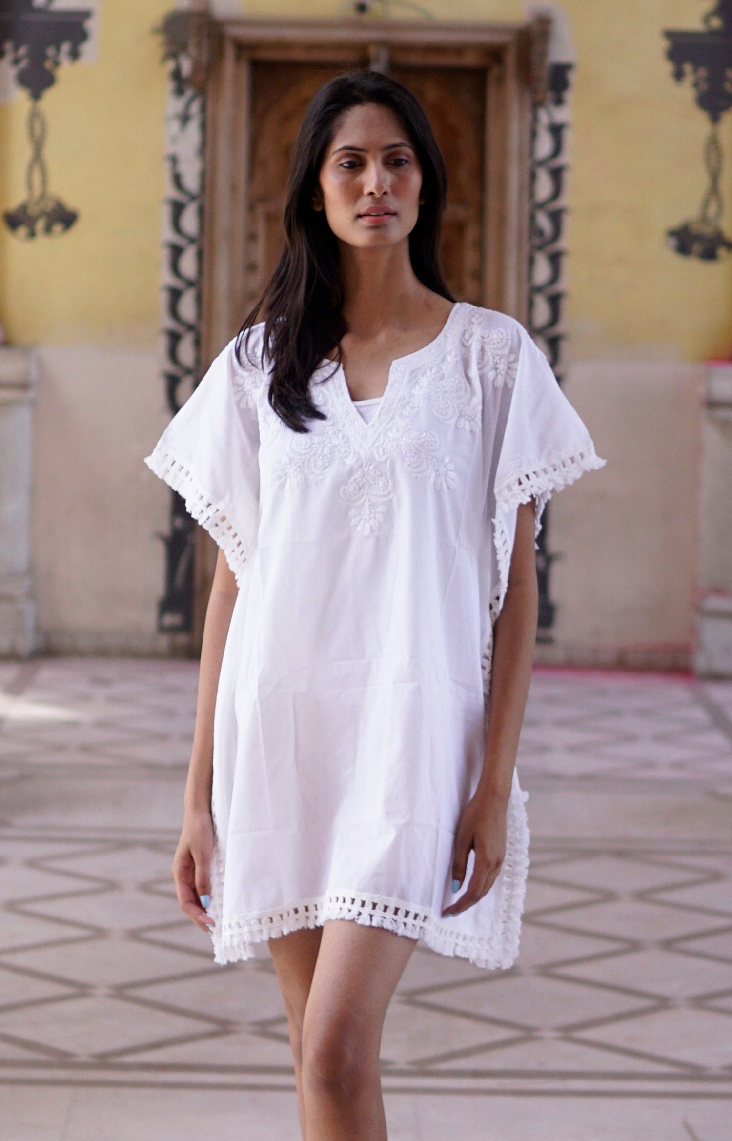 kaftan, boho white cotton embroidered beach cover-up with tassle trim